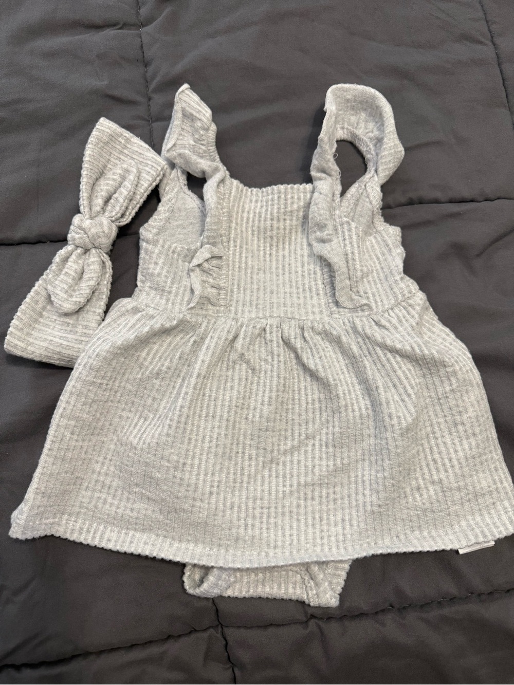 Ribbed Light Gray Baby Girls Pajama Dress Set with Headband